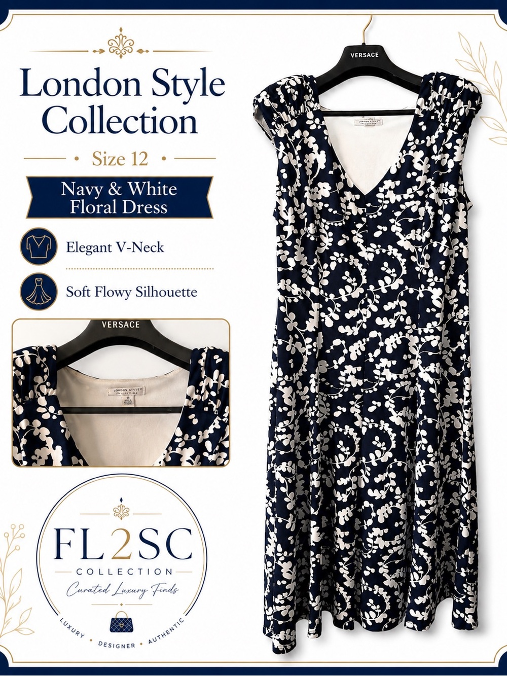 London Style Collection Navy & White Floral V-Neck Women’s Dress